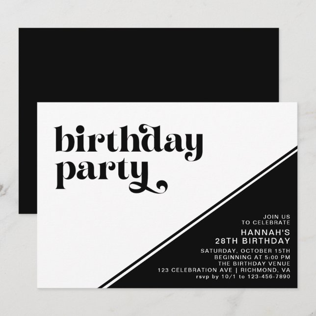 Modern Retro Typography | Svartvit födelsedag Inbjudningar (Fram/baksida)