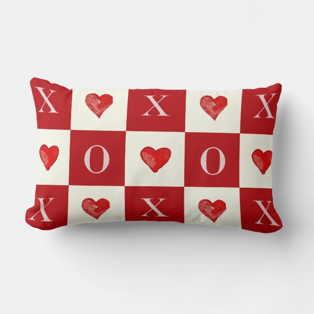 Modern Retro Valentine Red Hearts XO Checks Lumbarkudde (Framsida)
