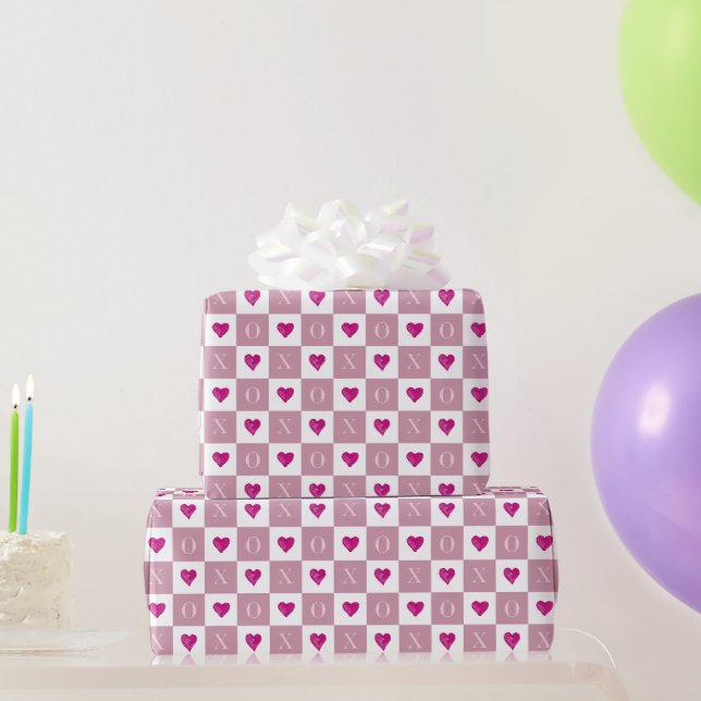 Modern Retro Valentine Rosa Hjärtan XO Rutigt Presentpapper (Festgåvor)