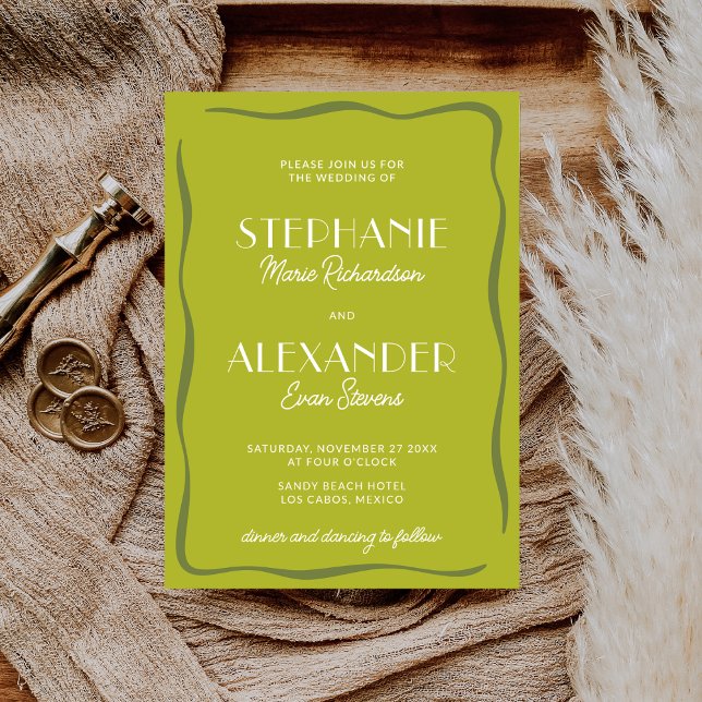 Modern Retro Vibrant Bold Citrus Green Wedding Inbjudningar (Skapare uppladdad)