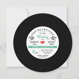 Modern Retro Vinyl Record Black Teal Bröllop-kort Inbjudningar