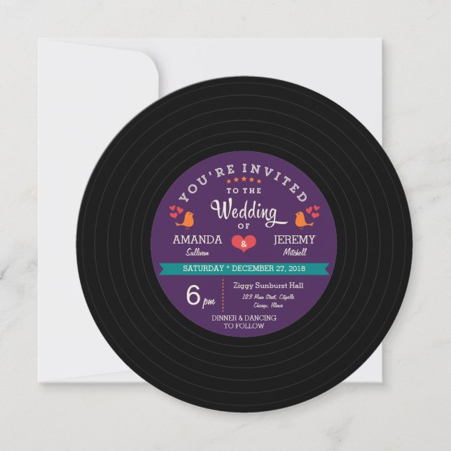 Modern Retro Vinyl Record Lila & Aqua Bröllop Inbjudningar (Framsida)