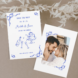 Modern Retro Whimsical Blue Hand plockade Bow Phot Inbjudningar