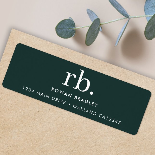 Modern Returadress för monogram Mörk grönt Snyggt Etikett (A stylish monogram label perfect for small business mailing or one-of-a-kind personal stationery)