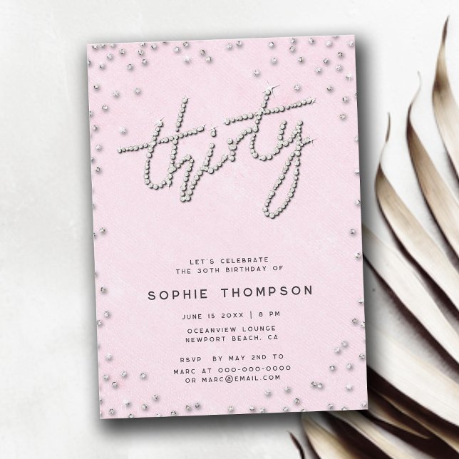 Modern Rhinestones Calligraphy Rosa 30års födelsed Inbjudningar (rhinestones modern calligraphy pink elegant 30th birthday invitation for women)