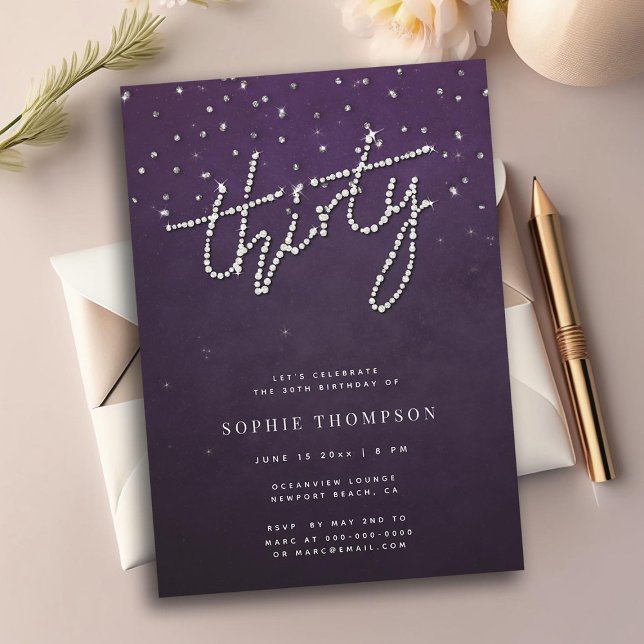 Modern Rhinestones Glitter Lila 30års födelsedag Inbjudningar (ELEGANT RHINESTONES 30TH BIRTHDAY INVITATION FOR WOMEN GLITTER PURPLE CLASSY MODERN SIMPLE CHIC)