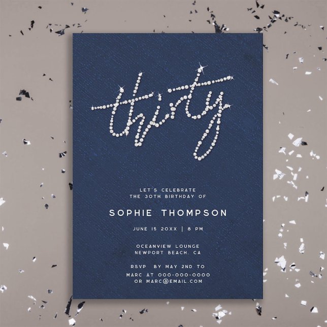 Modern Rhinestones Navy Blue Glam 30:e dagen Soire Inbjudningar (modern simple rhinestones glitter glam navy blue 30th birthday party invitation women soiree dinner)