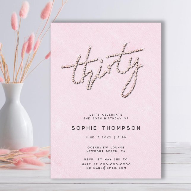 Modern Rhinestones Sweet Rosa Chic 30års födelseda Inbjudningar (elegant modern rhinestones soft pink 30th birthday invitation for women classy glitter calligraphy)