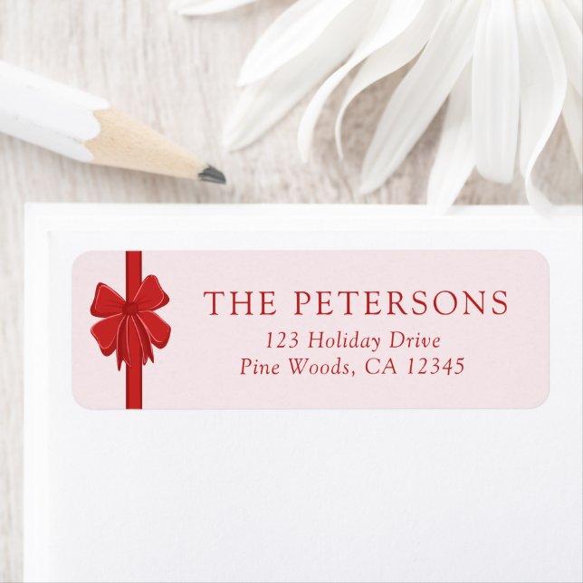Modern Ribbon Bow Wrapped Christmas Return Address Returadress Etikett (Insitu)