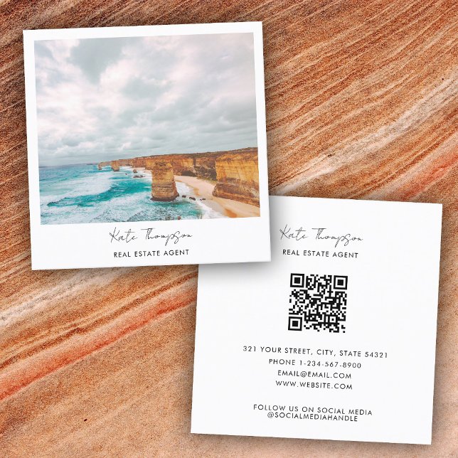 Modern riktig fotopatod för Agent-stranden i Gods Fyrkantigt Visitkort (Modern Real Estate Agent Beach Ocean Photo Script Square Business Card)