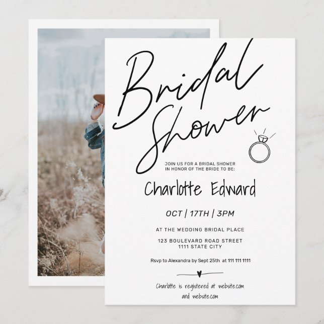 Modern ring-svart fotovit, möhippa inbjudningar (Fram/baksida)