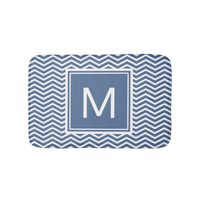 Modern Riverside Blue Chevrons och Monogram Badrumsmatta (Framsidan)