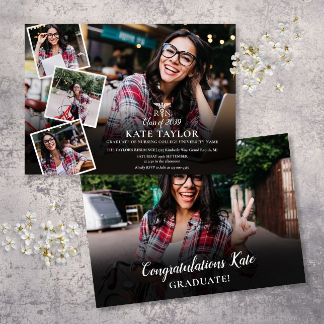 Modern RN Nursing Photo Collage Studenten Inbjudningar (Modern RN Nursing Photo Collage Graduation Invitation)