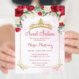 Modern Ro Flowers Rosa Sweet 16 Inbjudningar