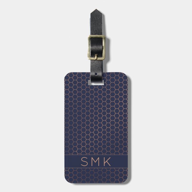 Modern Ro Gold Foil Navy Blue Geometric Monogram Bagagebricka (Vertikal Framsida)