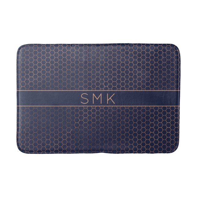 Modern Ro Gold Foil Navy Blue Hexagon Monogram Badrumsmatta (Framsidan)
