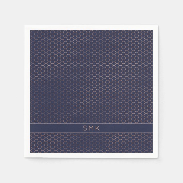Modern Ro Gold Foil Navy Blue Hexagon Monogram Pappersservett (Framsidan)