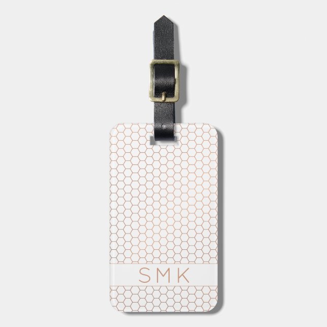 Modern Ro Gold Foil White Geometric Monogram Bagagebricka (Vertikal Framsida)