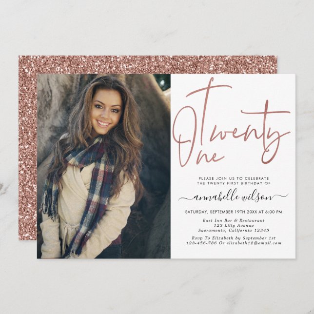 Modern Ro Guld 21:a födelsedagsfoto Inbjudningar (Fram/baksida)
