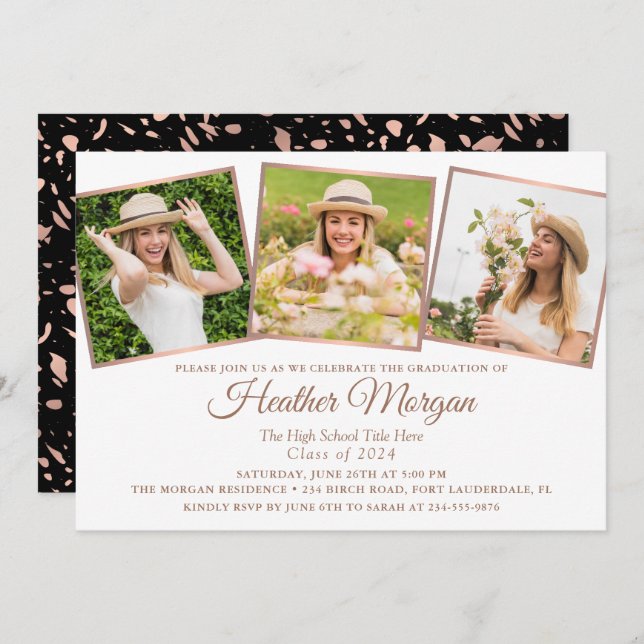 Modern Ro Guld Black 3 Photo Studentfest Inbjudningar (Fram/baksida)