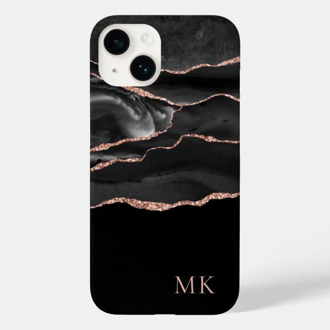 Modern Ro Guld & Black Marble Agate Monogram (Baksida)
