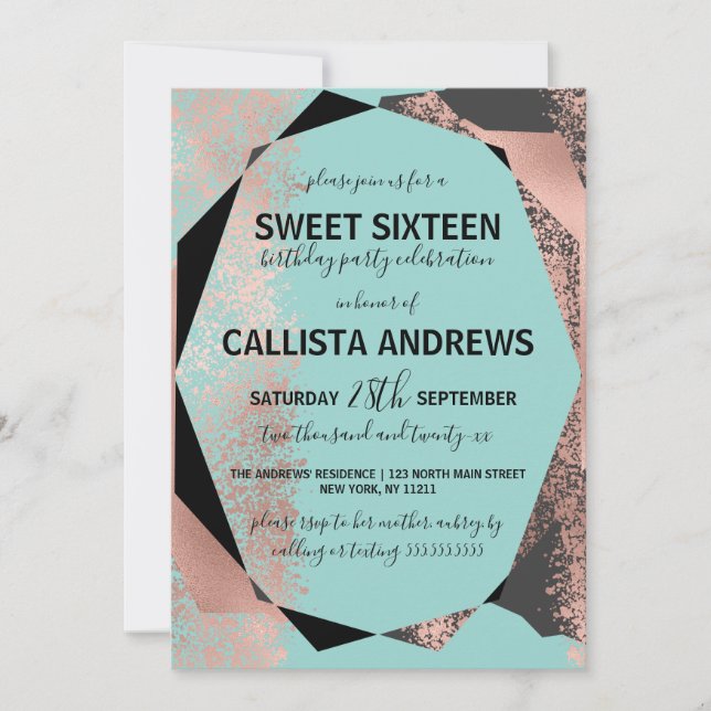 Modern Ro Guld Black Teal Geometric Sweet 16 Inbjudningar (Framsida)