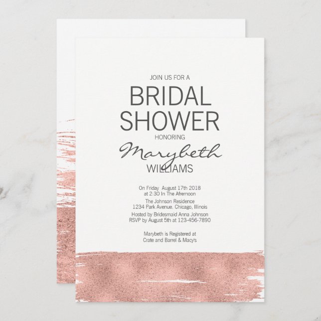 Modern Ro Guld Brushstroke-Möhippa-kort Inbjudningar (Fram/baksida)