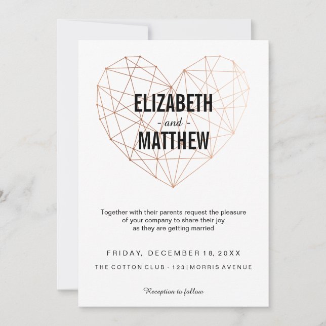 Modern ro guld, det geometriska hjärtat Bröllop Inbjudningar (Framsida)