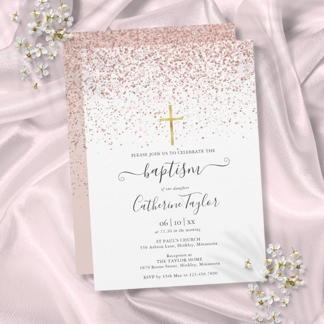 Modern Ro Guld-Glitter-baptism Christening Inbjudningar (Modern Rose Gold Glitter Baptism Christening Invitation)