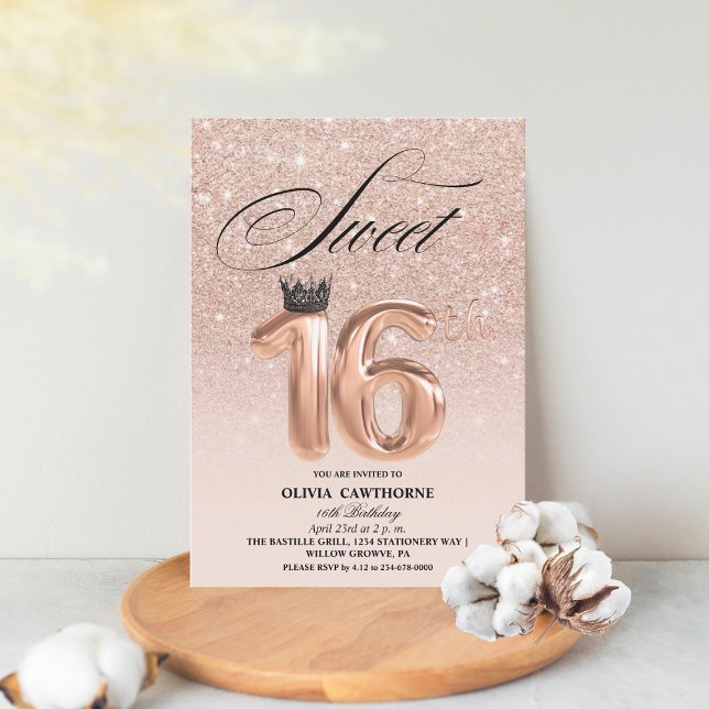 Modern Ro Guld Glitter Drips Krona Sweet 16 Inbjudningar (Skapare uppladdad)