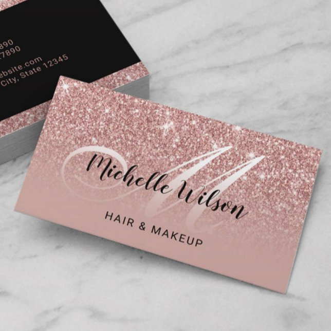 Modern Ro Guld Glitter Monogram Beauty Salon Visitkort (Skapare uppladdad)