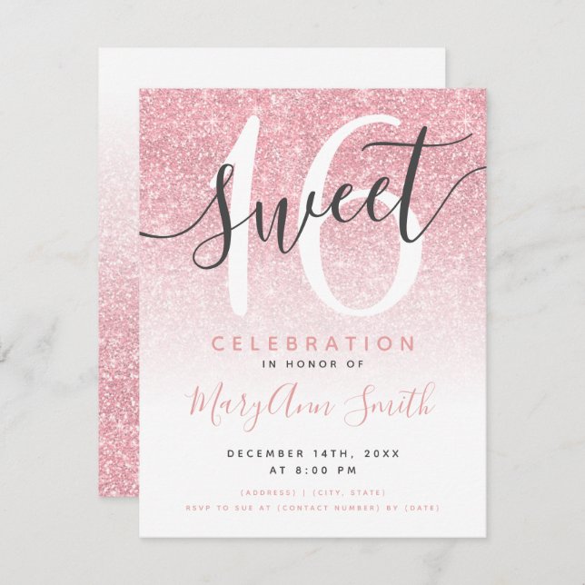 Modern Ro Guld Glitter Ombre 16:e födelsedag Inbjudningar (Fram/baksida)