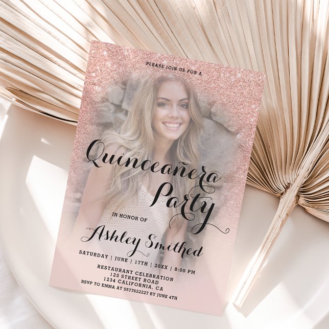 Modern ro guld glitter-ombre-foto Quinceañera Inbjudningar (Skapare uppladdad)