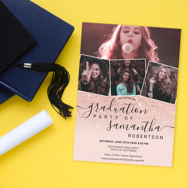 Modern ro guld glitter-skript 4 foto studenten inbjudningar (Skapare uppladdad)