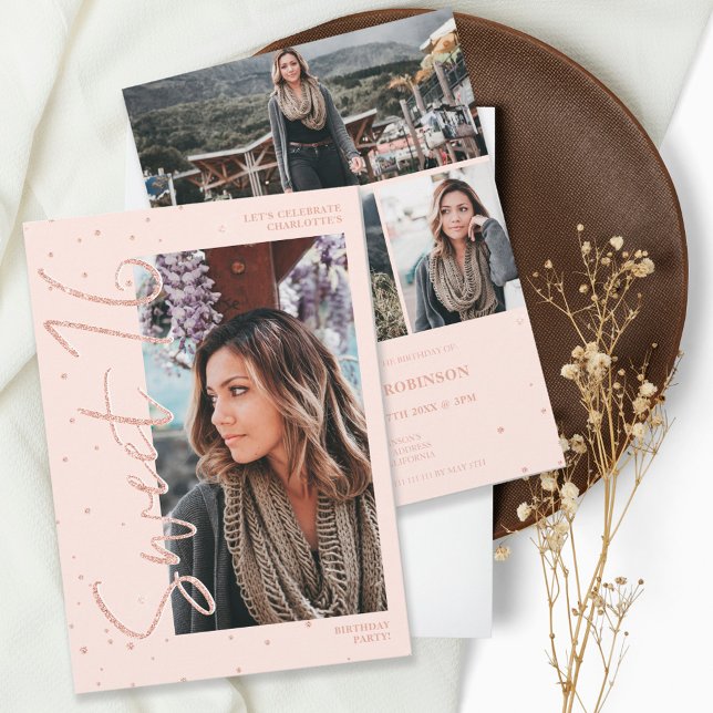 Modern ro guld glitter-skript 4 foton Söt 16 Inbjudningar (Skapare uppladdad)