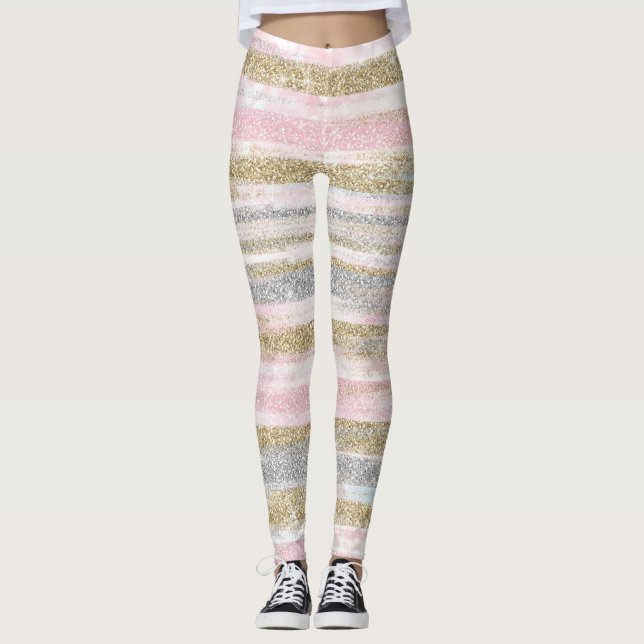 Modern Ro Guld Glitter Strokes Rand Leggings (Framsida)