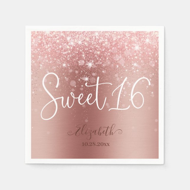 Modern Ro Guld Glitter Sweet 16 Pappersservett (Framsidan)