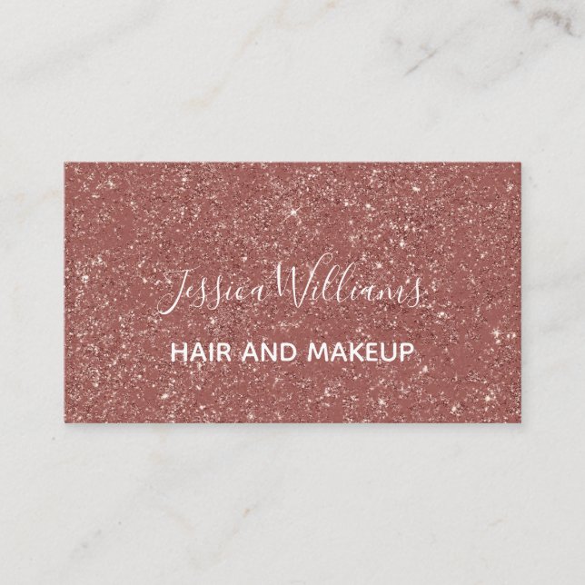 Modern Ro Guld Glitter White Script Hair Makeup Visitkort (Framsida)