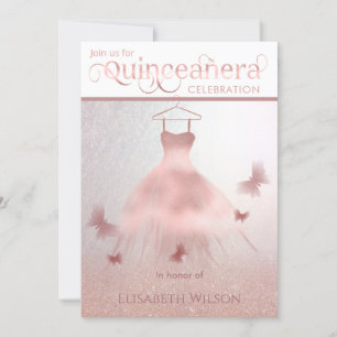 Modern ro guld glittery ombre dress Quinceañera Inbjudningar