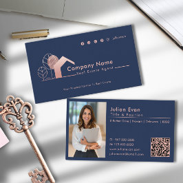 Modern Ro Guld House Logotyp Photo Navy Realtor Visitkort