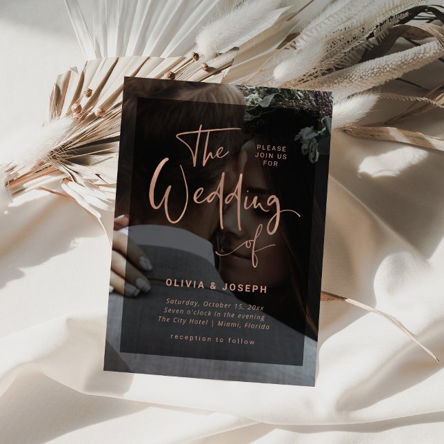 Modern Ro Guld och svart överlägg | Foto Bröllop Inbjudningar (Skapare uppladdad)
