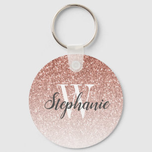 Modern Ro Guld Ombre Faux Glitter Monogram Nyckelring