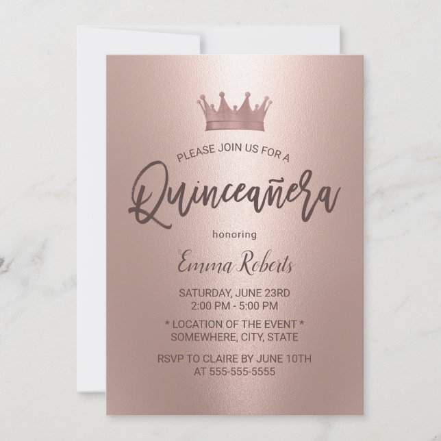 Modern Ro Guld Princess Quinceanera 15 födelsedaga Inbjudningar (Framsida)