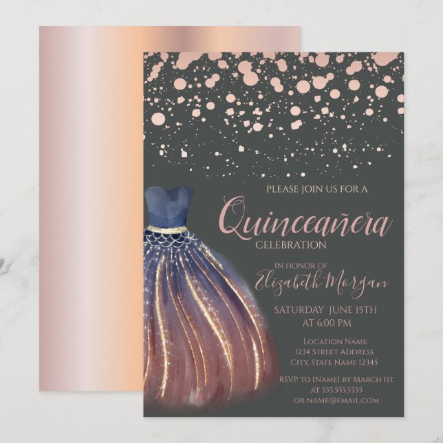 Modern Ro Guld-punkter,Chic Dress Grått Quinceañer Inbjudningar (Fram/baksida)