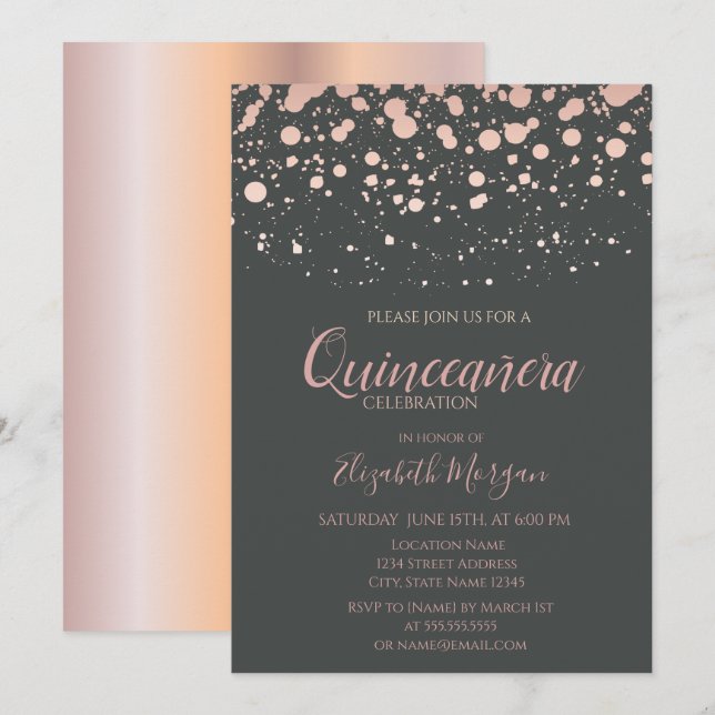 Modern Ro Guld-punkter, Grått Quinceanera Inbjudningar (Fram/baksida)
