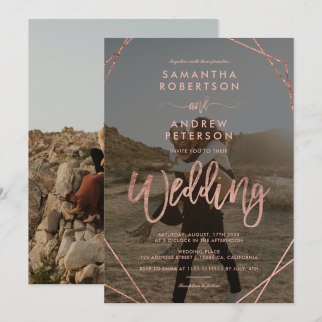 Modern ro guld ram, enkelt fotoskript bröllop inbjudningar (Fram/baksida)
