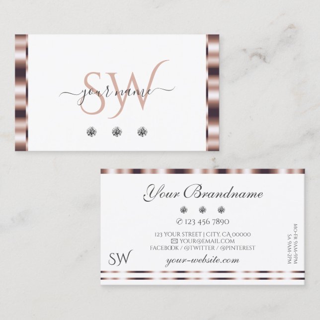 Modern Ro Guld White Sparkling Diamonds Monogram Visitkort (Fram/baksida)