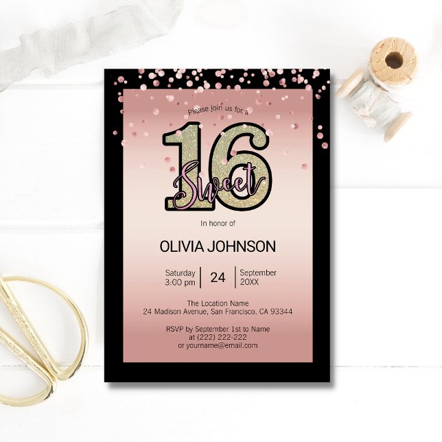Modern Ro Rosa Glitter Gnistra Sweet sixteen 16 Inbjudningar (Skapare uppladdad)