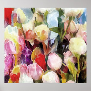 Modern Ro Tulips Bouquet: Abstraktens Oljemålning Poster