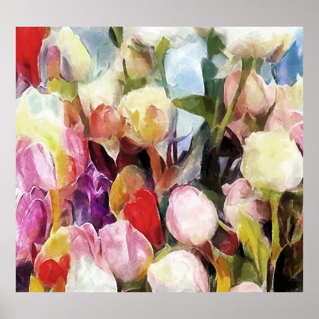 Modern Ro Tulips Bouquet: Abstraktens Oljemålning Poster (Framsidan)